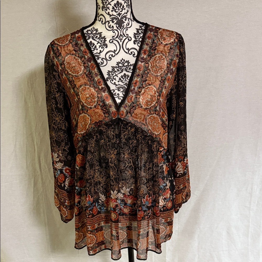 Rose & Olive Multicolor V-Neck Peasant Semi-Sheer Babydoll style EUC Flowy Boho